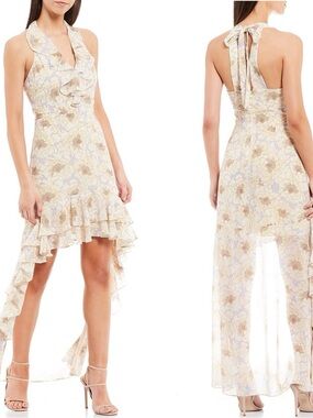Belle Badgley Mischka 4 Sleeveless Floral Ruffle Halter Maxi Dress in Cream